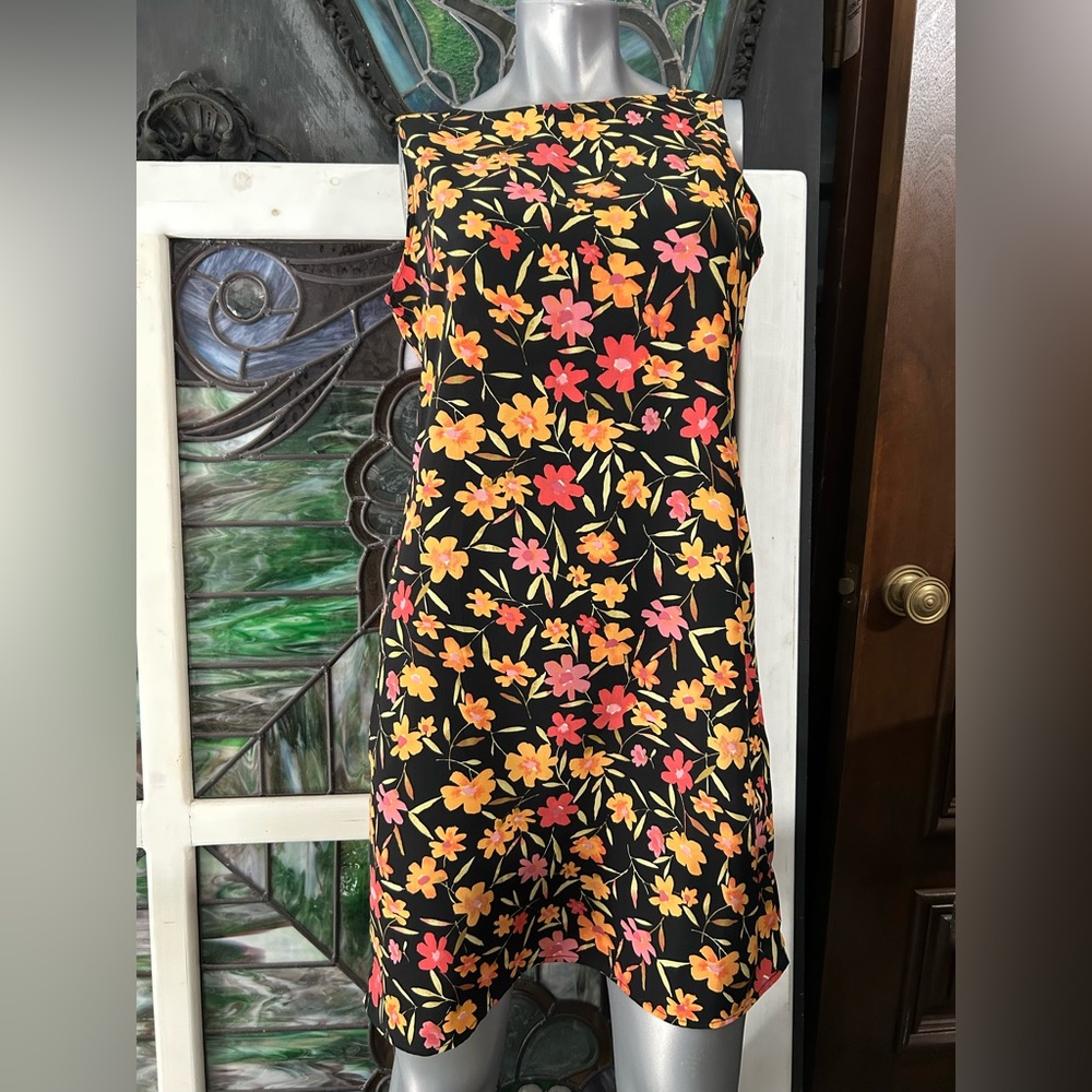 Floral Shift Dress - Black with Multicolor Flowers
